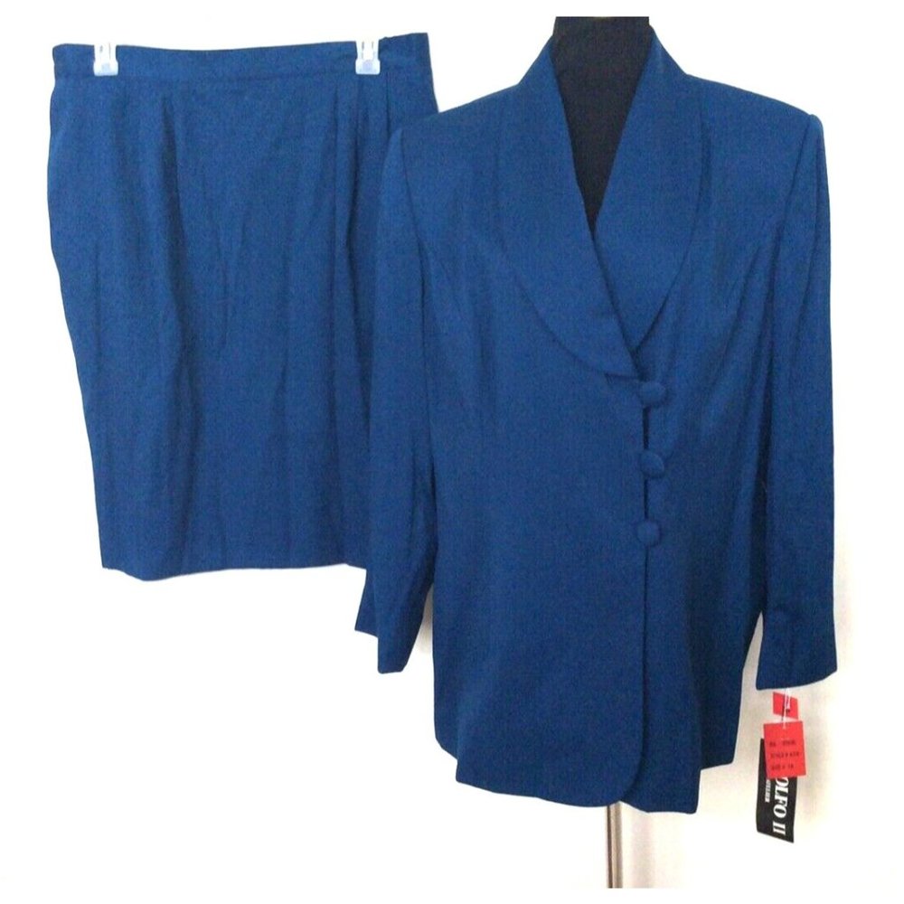 ADOLFO‎ II ATELIER Women's Navy Polyester Blend 2Pc Skirt Suit Size 18